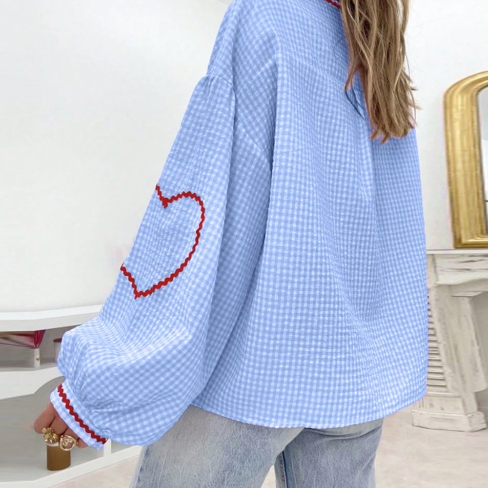 Med. Light Blue Med Gingham Long Sleeve Tie-Front Top with Red Heart Trim - Picture 3 of 6